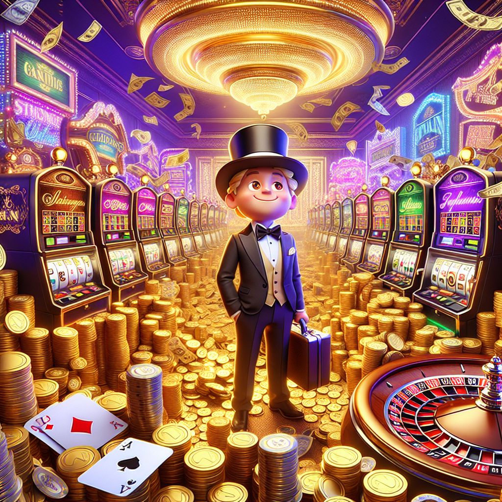 Bat888 Casino themed character with slot machines and golden coins