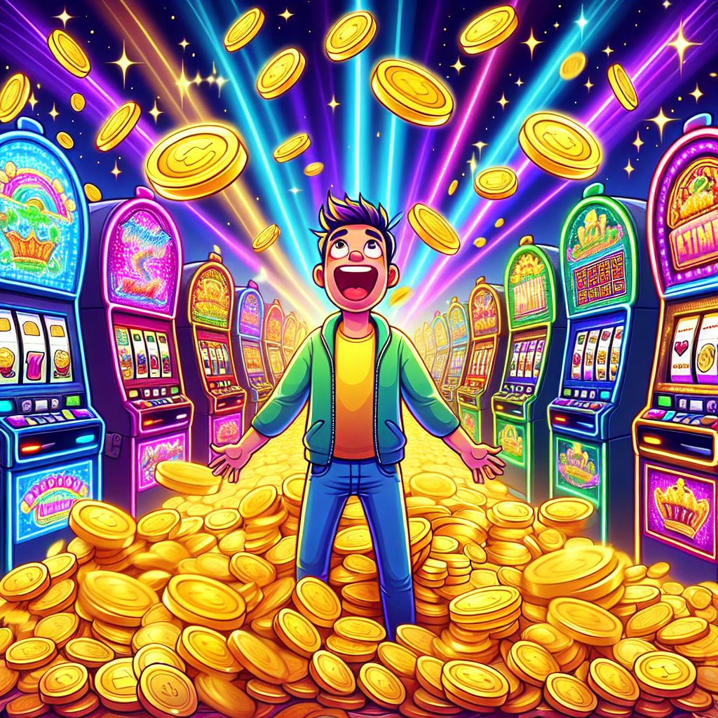 Bat888 Slots themed characters with colorful slot machines and golden coins
